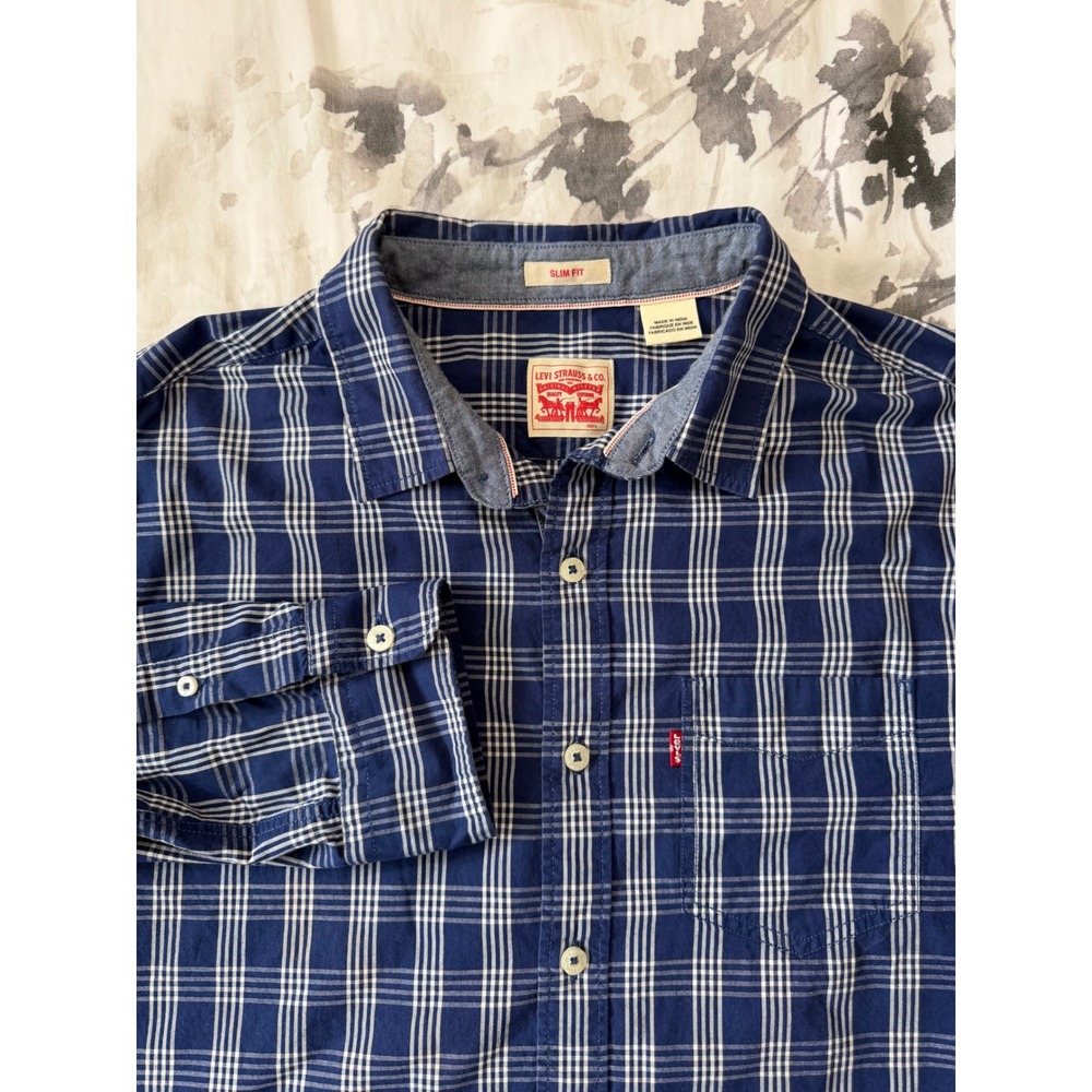 Levis Mens Slim Fit Blue Plaid Check Long Sleeve Button Down Up Large Selvedge